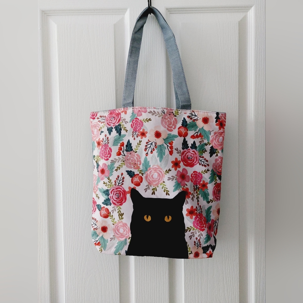 Black Cat Kitten Floral Design Soft Tote Bag Casual 35cm x 37cm